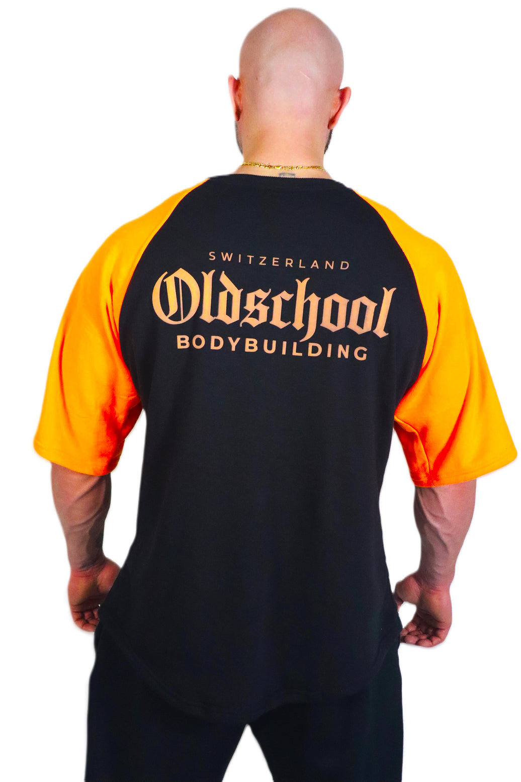 Oldschool Bodybuilding Switzerland Two Tone Overzized Shirt - Schwarz/Neon Orange