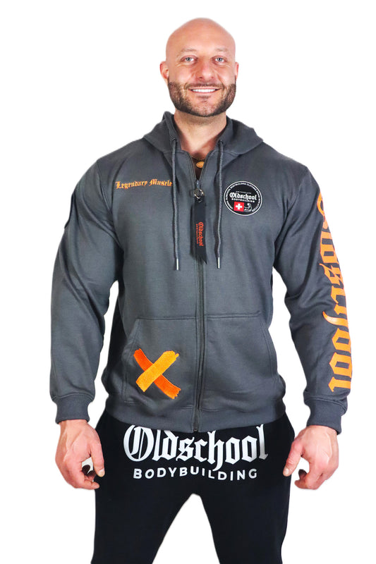 Oldschool Bodybuilding Switzerland Legacy Badges Zipped Hoodie - Grau/Orange