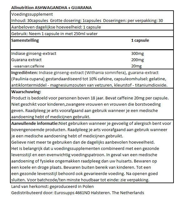 All Nutrition Ashwagandha + Guarana - 30 Kapseln