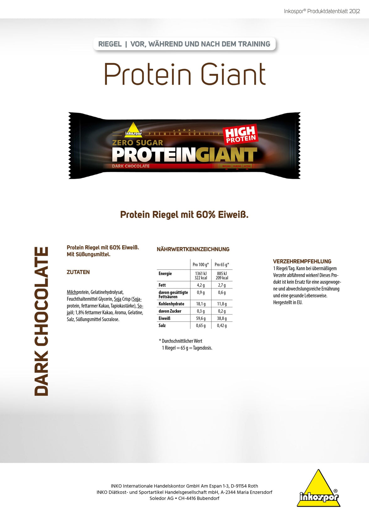 Inkospor Protein Giant Zero Sugar - Dark Chocolate