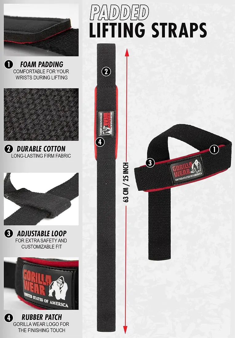 Gorilla Wear Padded Lifting Straps - Schwarz/Rot