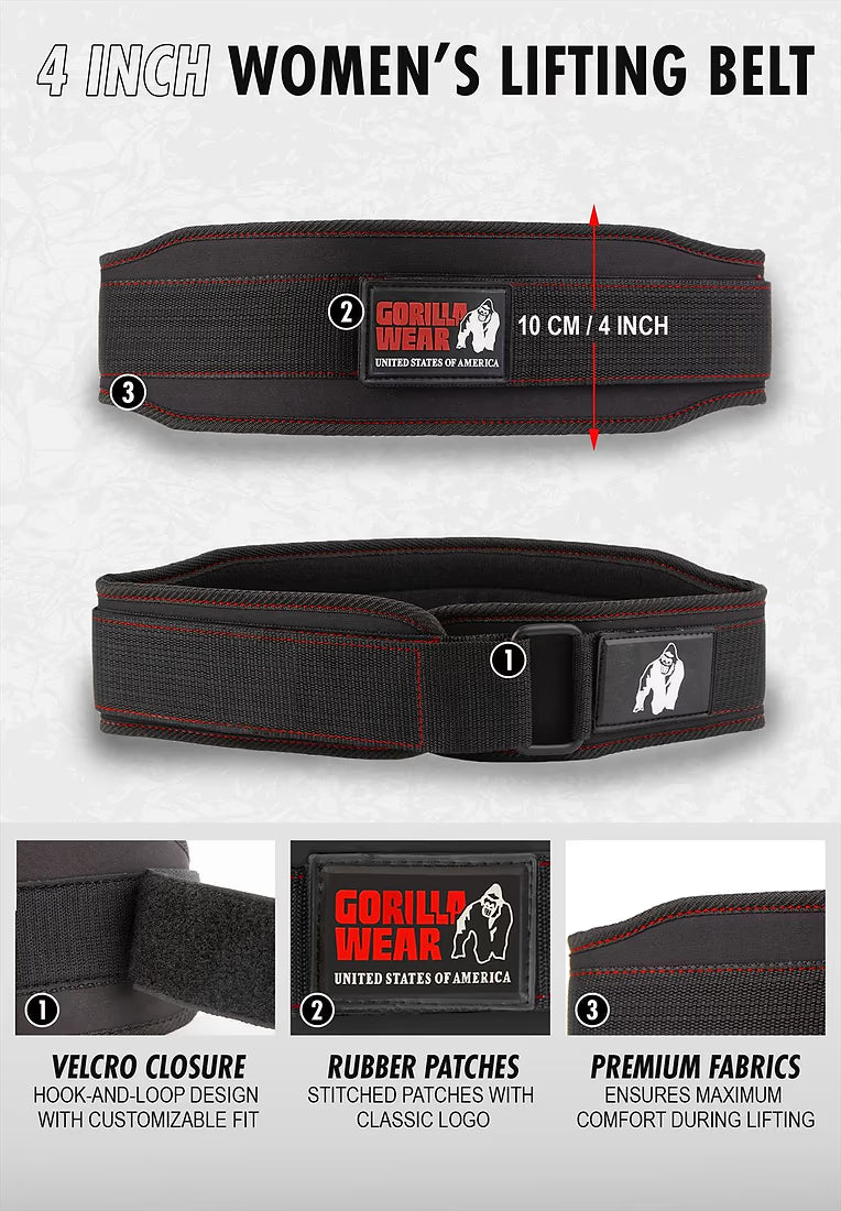 Gorilla Wear 4 Inch Womens Lifting Belt - Schwarz/Rot