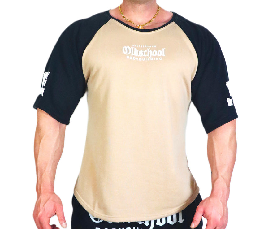 Oldschool Bodybuilding Switzerland Two Tone Overzized Shirt - Beige/Schwarz