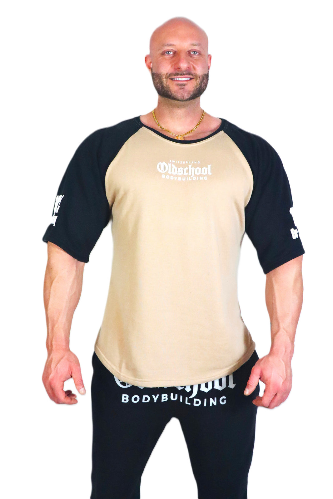 Oldschool Bodybuilding Switzerland Two Tone Overzized Shirt - Beige/Schwarz