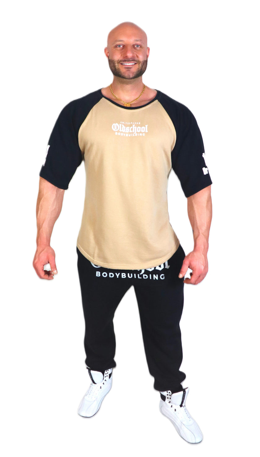 Oldschool Bodybuilding Switzerland Two Tone Overzized Shirt - Beige/Schwarz