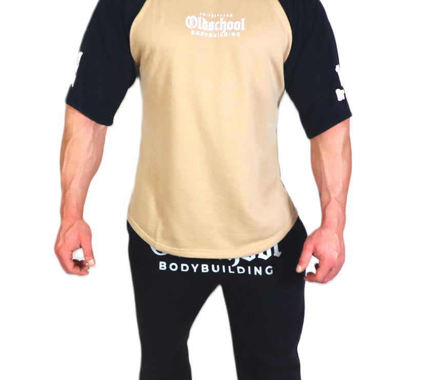 Oldschool Bodybuilding Switzerland Two Tone Overzized Shirt - Beige/Schwarz