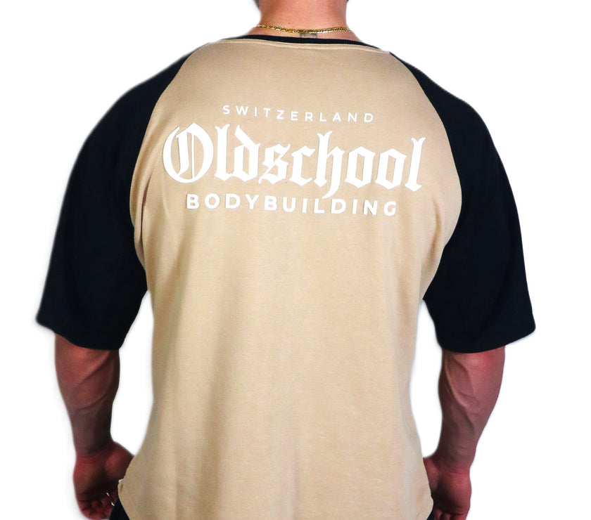 Oldschool Bodybuilding Switzerland Two Tone Overzized Shirt - Beige/Schwarz