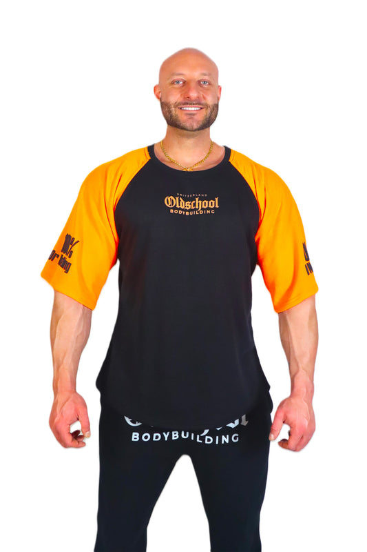 Oldschool Bodybuilding Switzerland Two Tone Overzized Shirt - Schwarz/Neon Orange