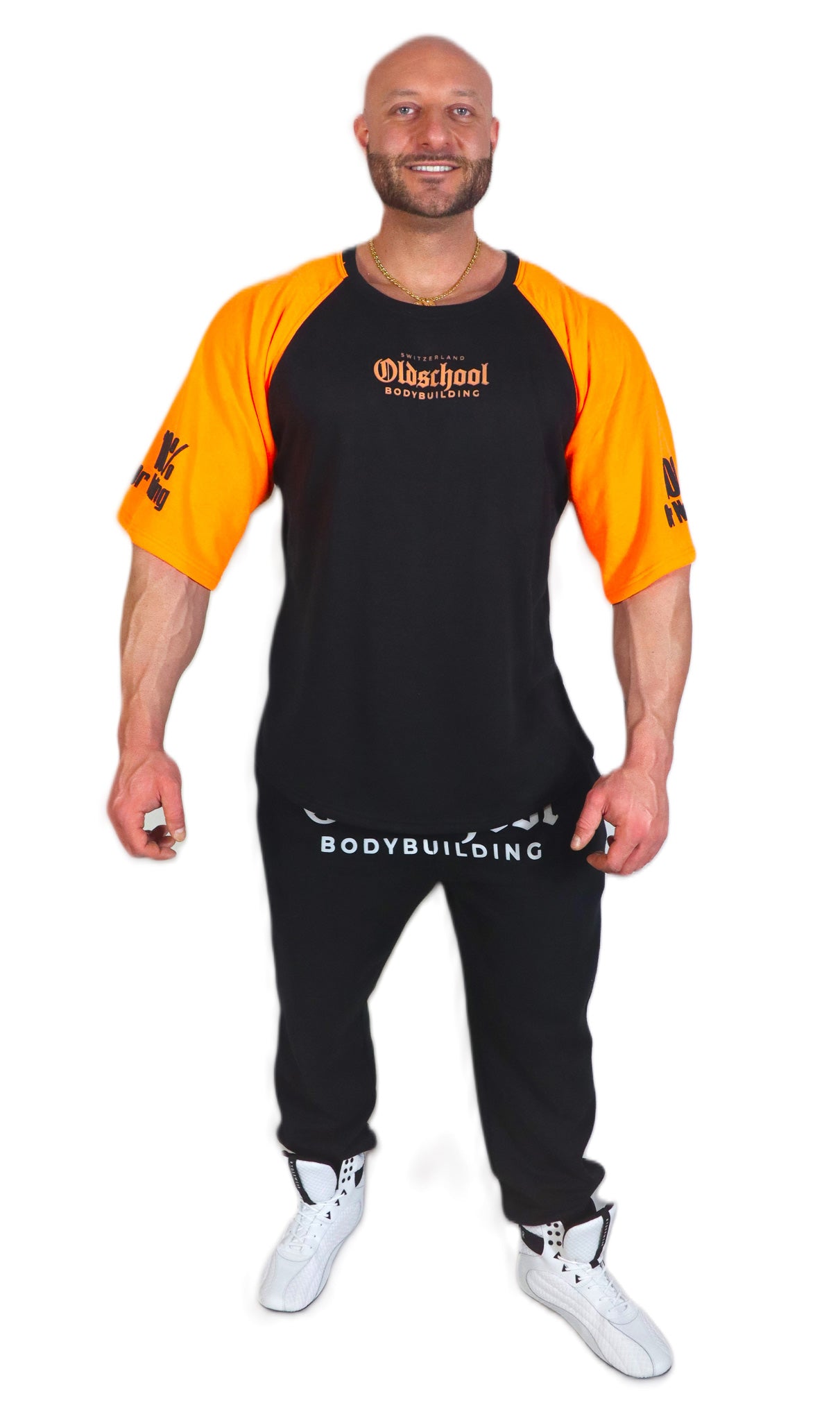 Oldschool Bodybuilding Switzerland Two Tone Overzized Shirt - Schwarz/Neon Orange