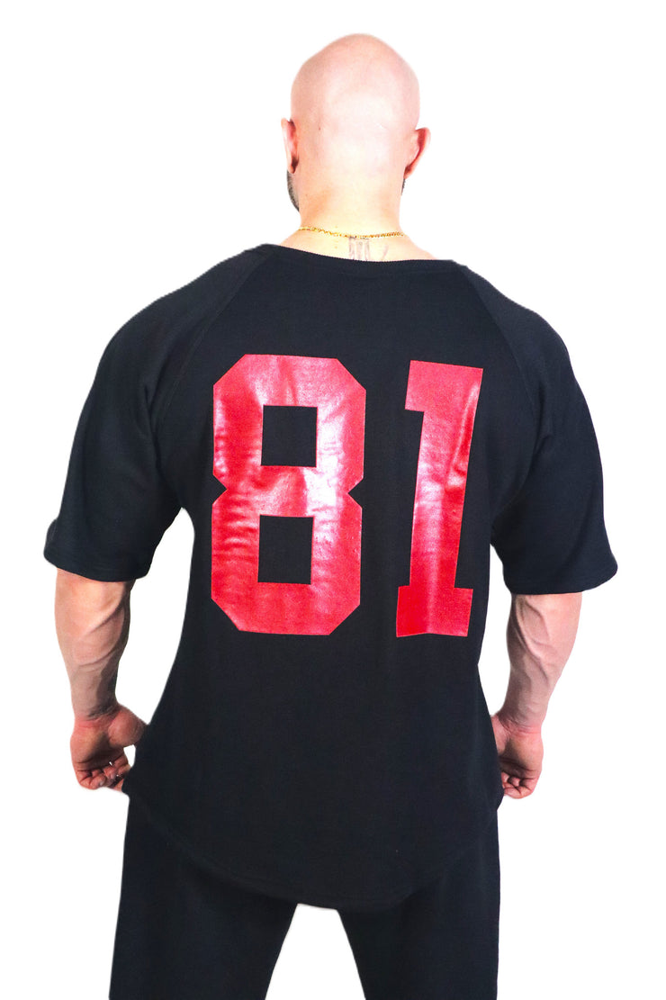 Oldschool Bodybuilding Switzerland Eighty One Oversized Shirt - Schwarz/Rot