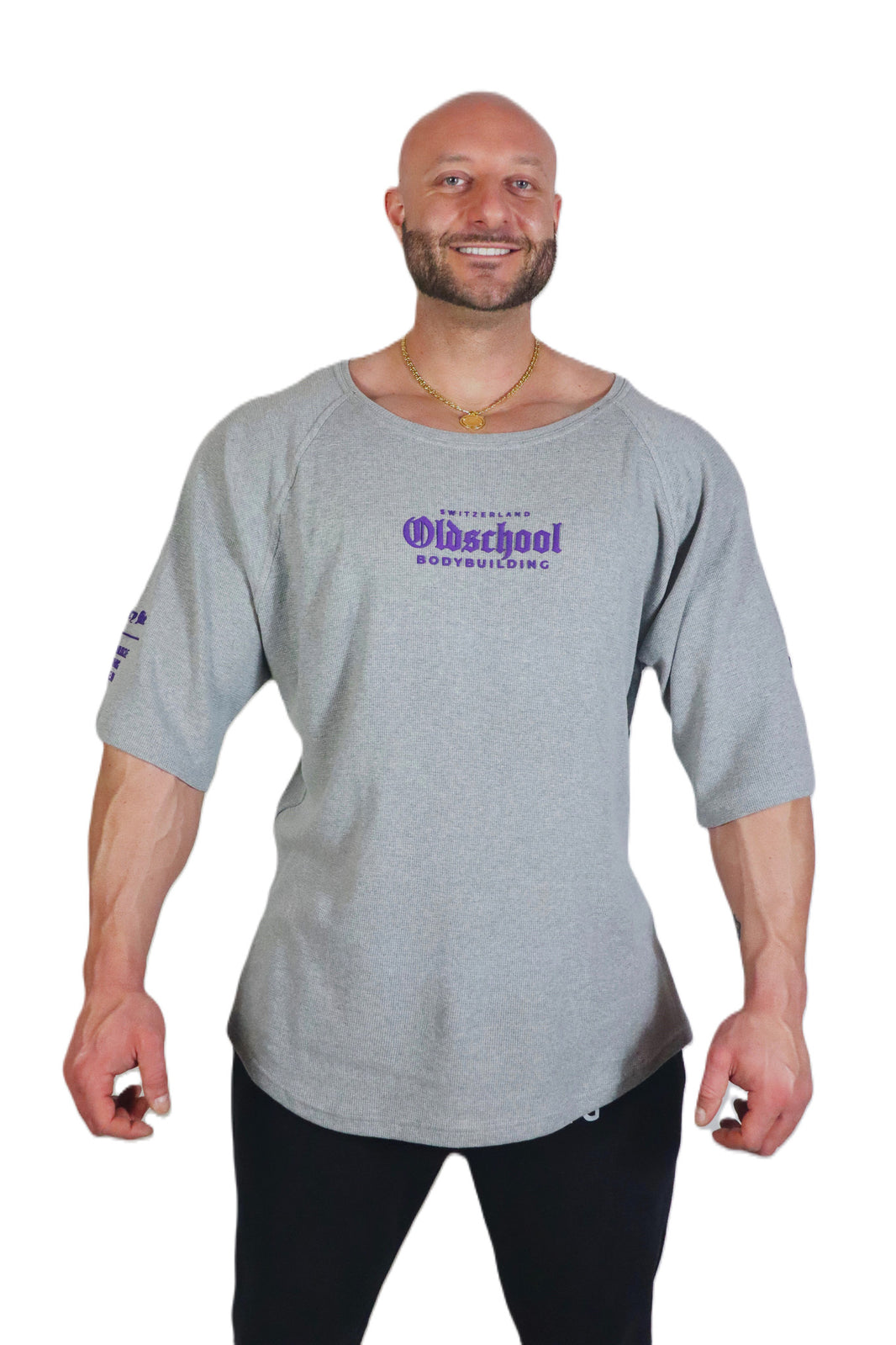 Oldschool Bodybuilding Switzerland Legendary Muscle Oversized Shirt - Grau/Lila