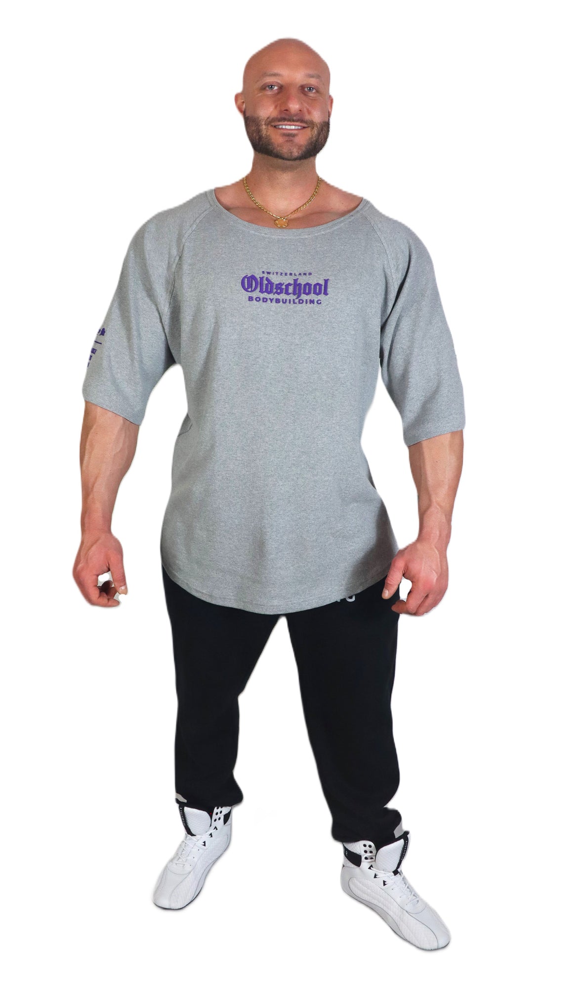 Oldschool Bodybuilding Switzerland Legendary Muscle Oversized Shirt - Grau/Lila