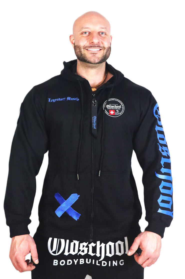 Oldschool Bodybuilding Switzerland Legacy Badges Zipped Hoodie - Schwarz/Blau