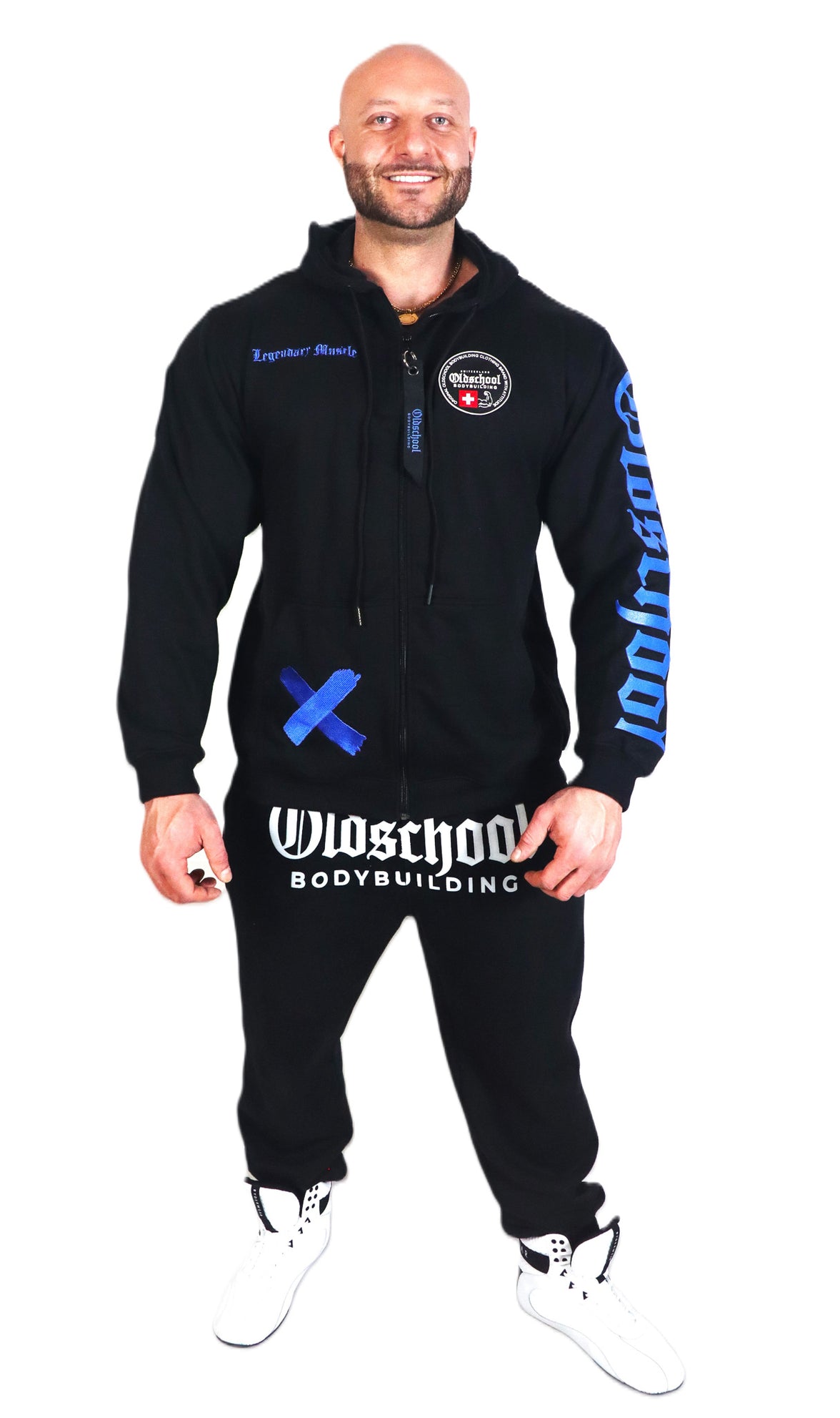Oldschool Bodybuilding Switzerland Legacy Badges Zipped Hoodie - Schwarz/Blau
