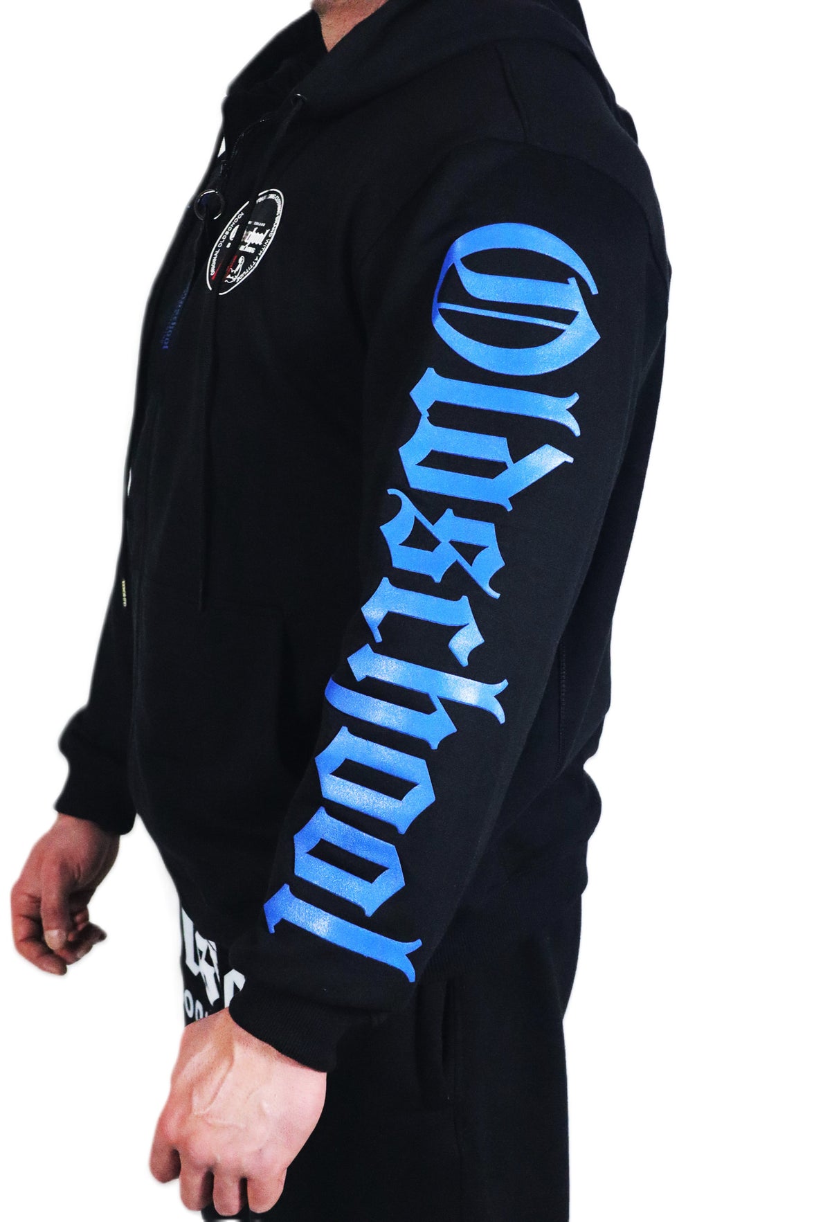 Oldschool Bodybuilding Switzerland Legacy Badges Zipped Hoodie - Schwarz/Blau