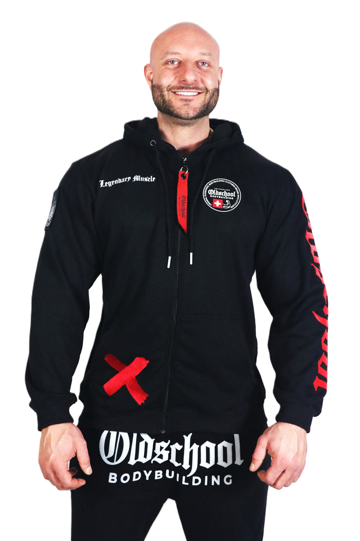 Oldschool Bodybuilding Switzerland Legacy Badges Zipped Hoodie - Schwarz/Rot