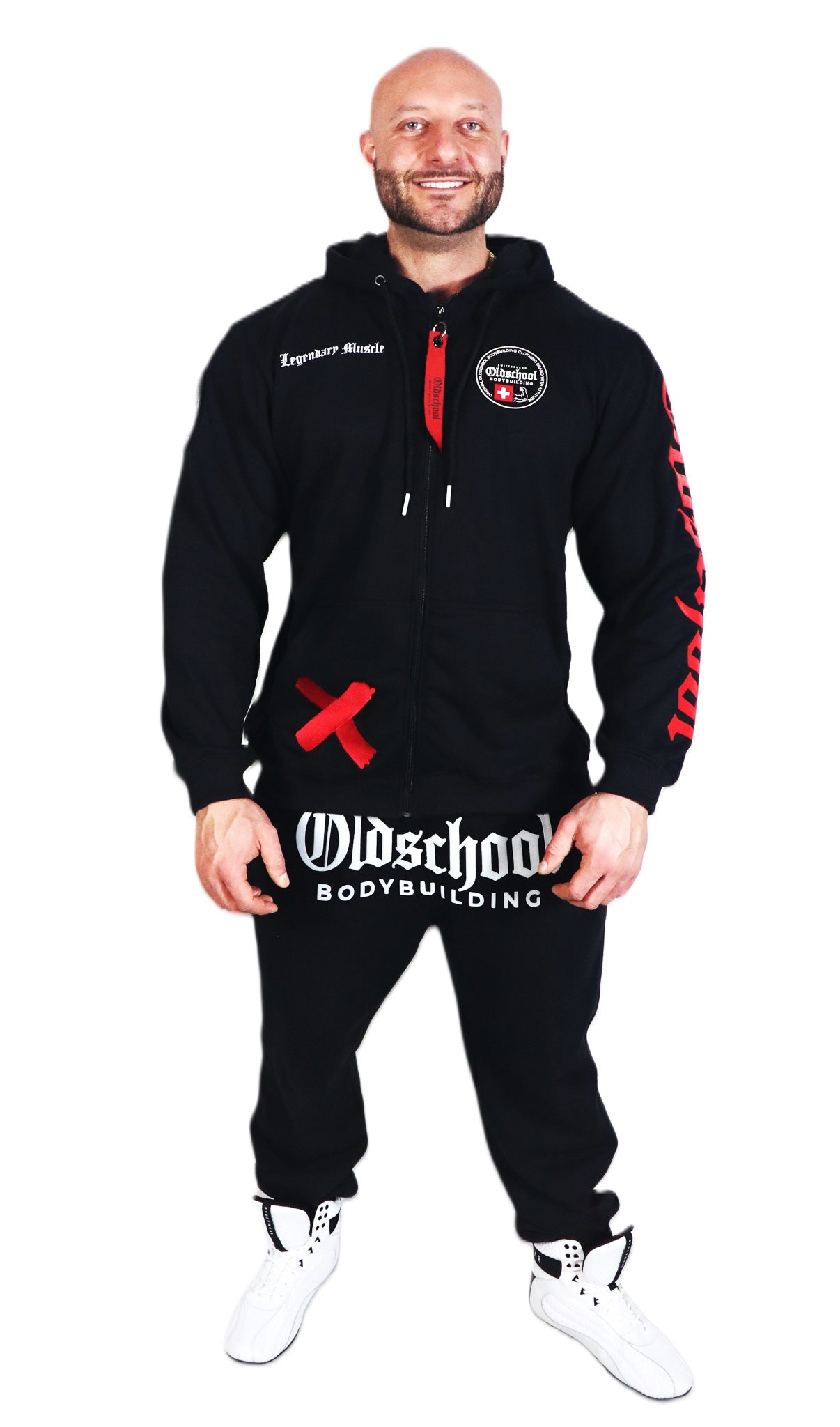 Oldschool Bodybuilding Switzerland Legacy Badges Zipped Hoodie - Schwarz/Rot