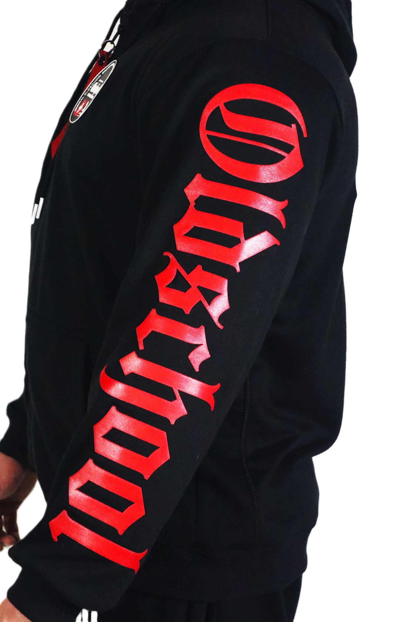 Oldschool Bodybuilding Switzerland Legacy Badges Zipped Hoodie - Schwarz/Rot