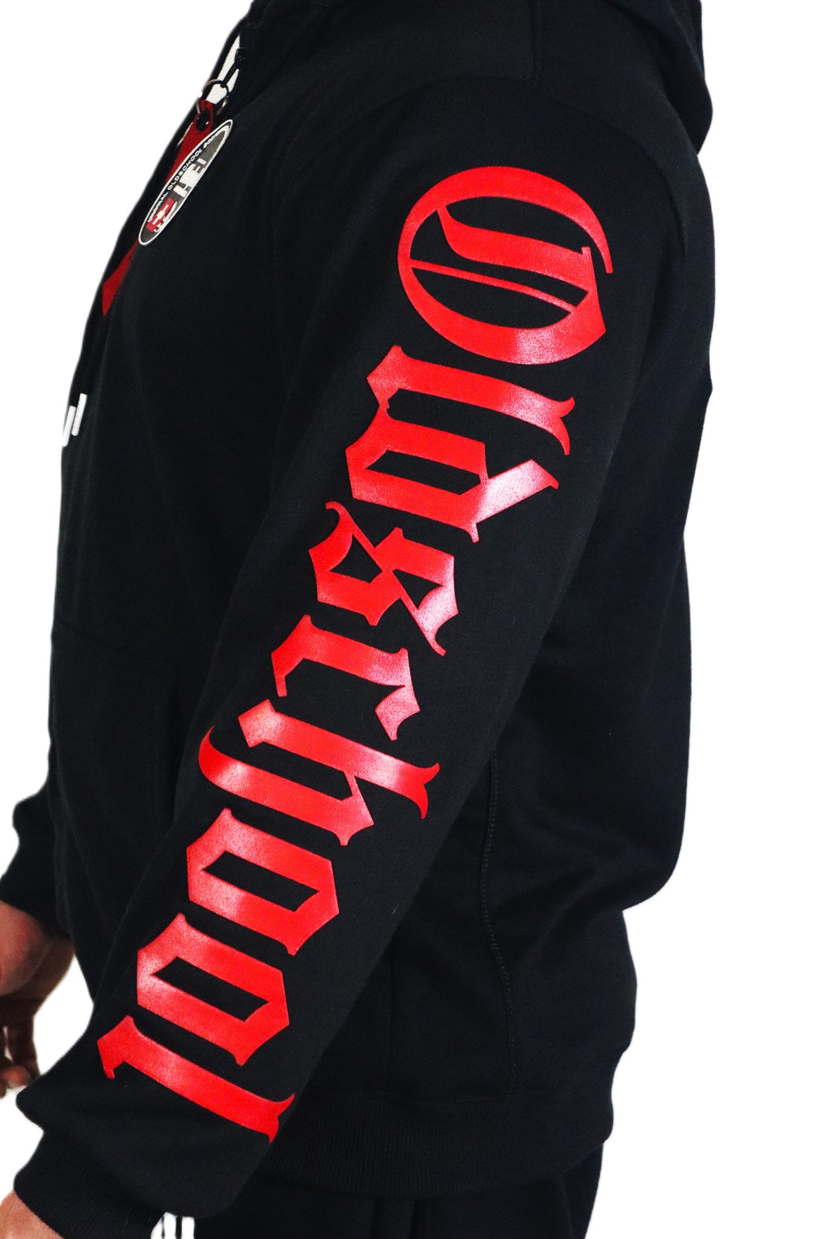 Oldschool Bodybuilding Switzerland Legacy Badges Zipped Hoodie - Schwarz/Rot