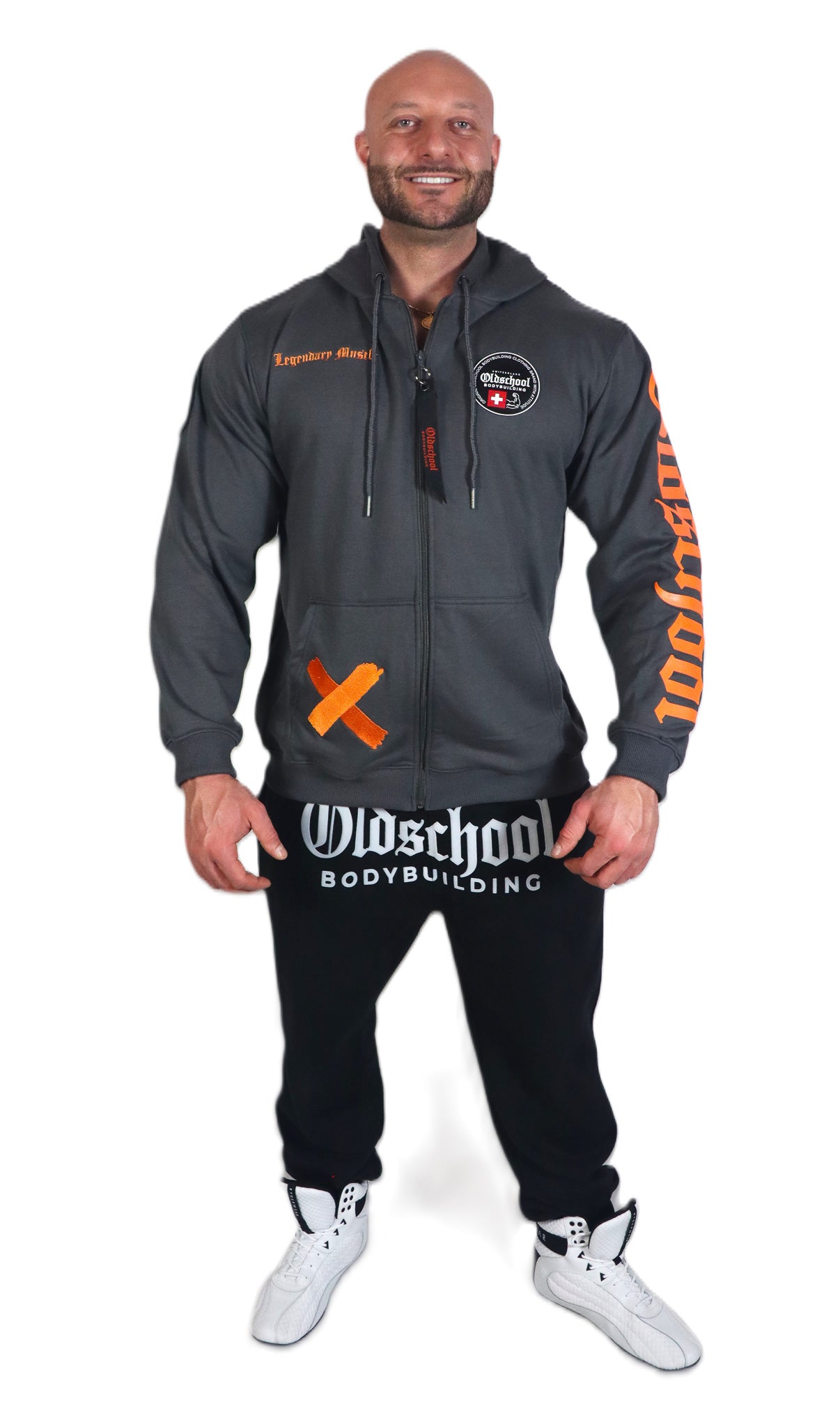 Oldschool Bodybuilding Switzerland Legacy Badges Zipped Hoodie - Grau/Orange