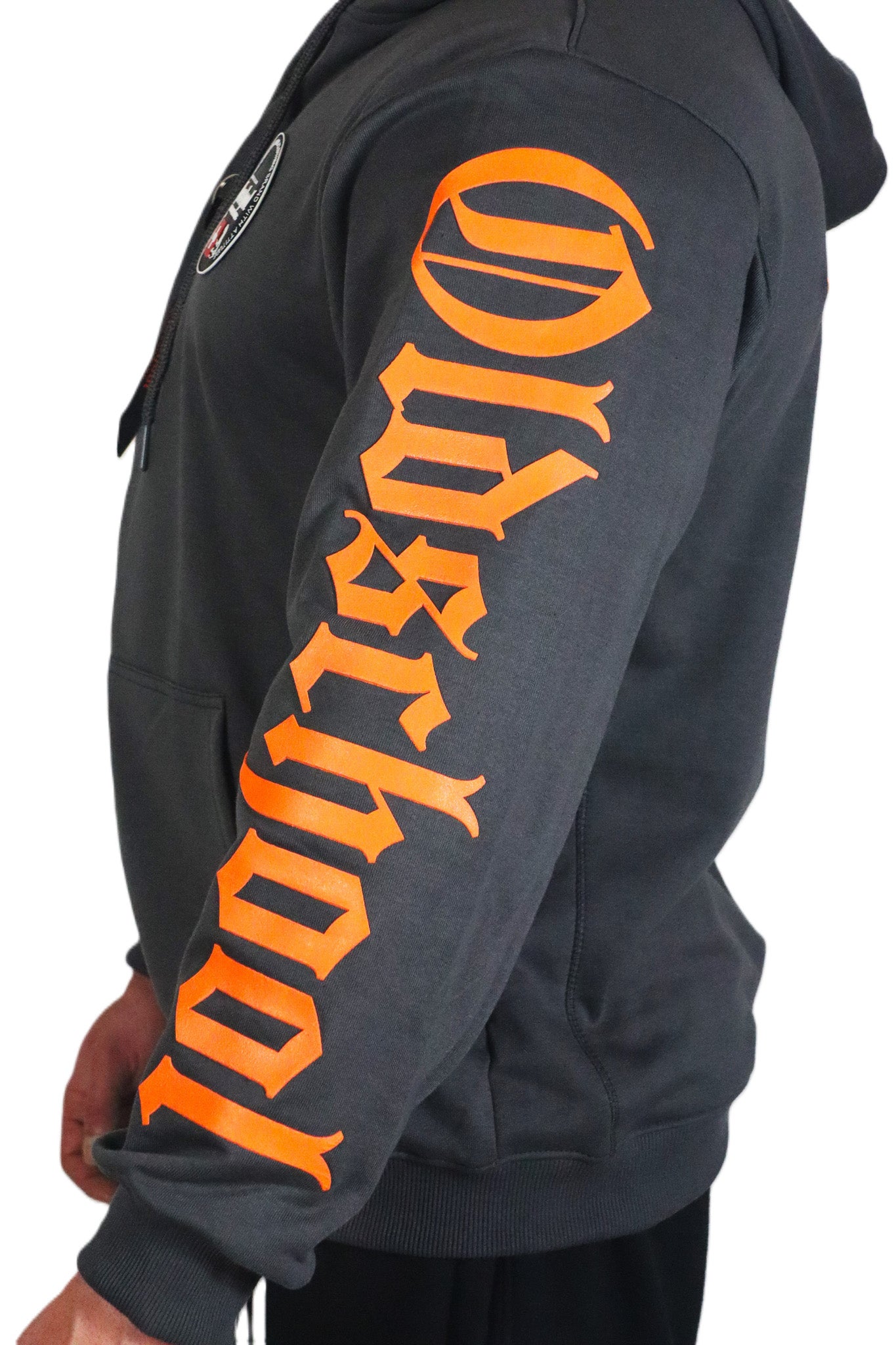 Oldschool Bodybuilding Switzerland Legacy Badges Zipped Hoodie - Grau/Orange