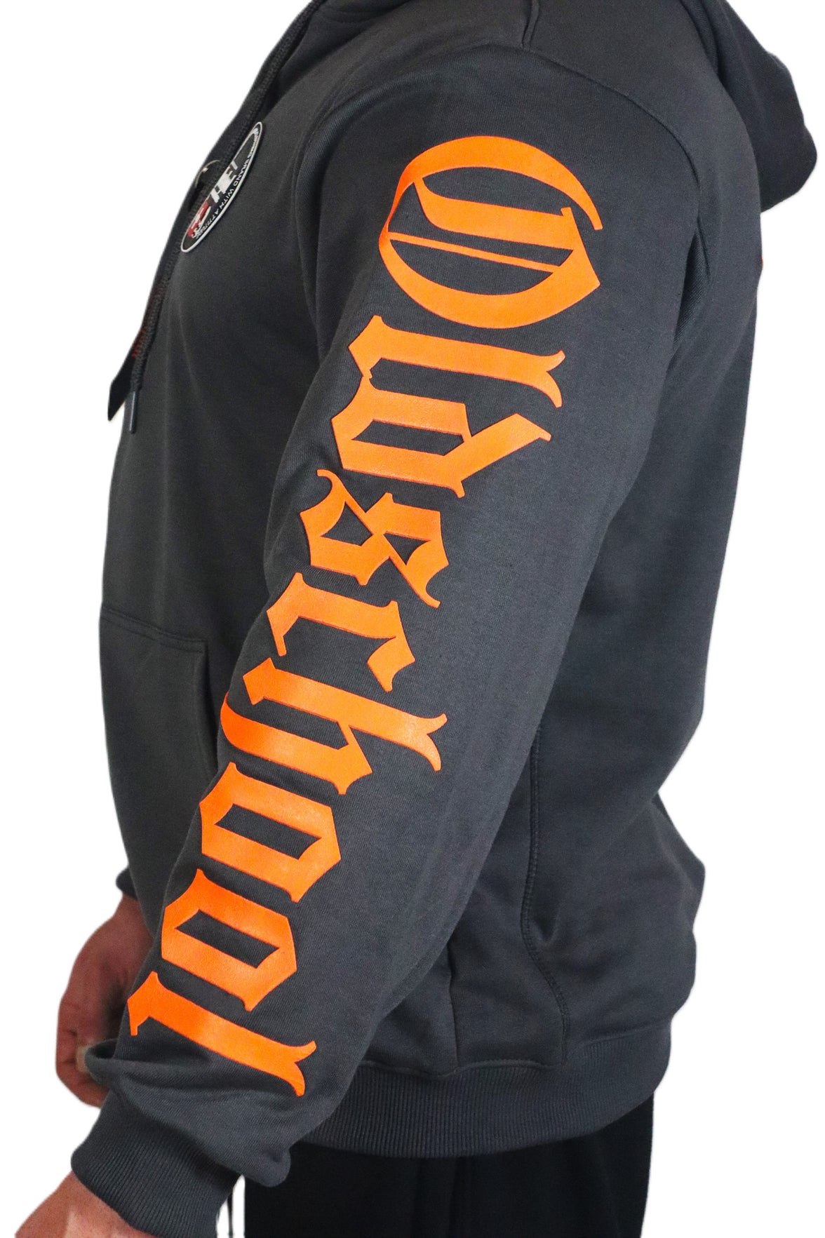 Oldschool Bodybuilding Switzerland Legacy Badges Zipped Hoodie - Grau/Orange