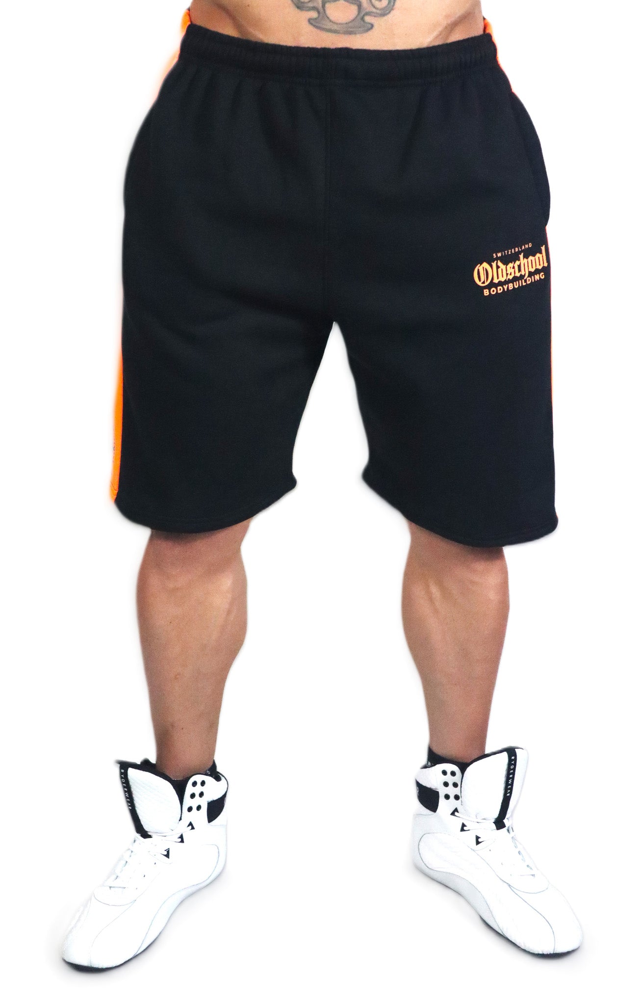 Oldschool Bodybuilding Switzerland Two Tone Shorts - Schwarz/Neon Orange