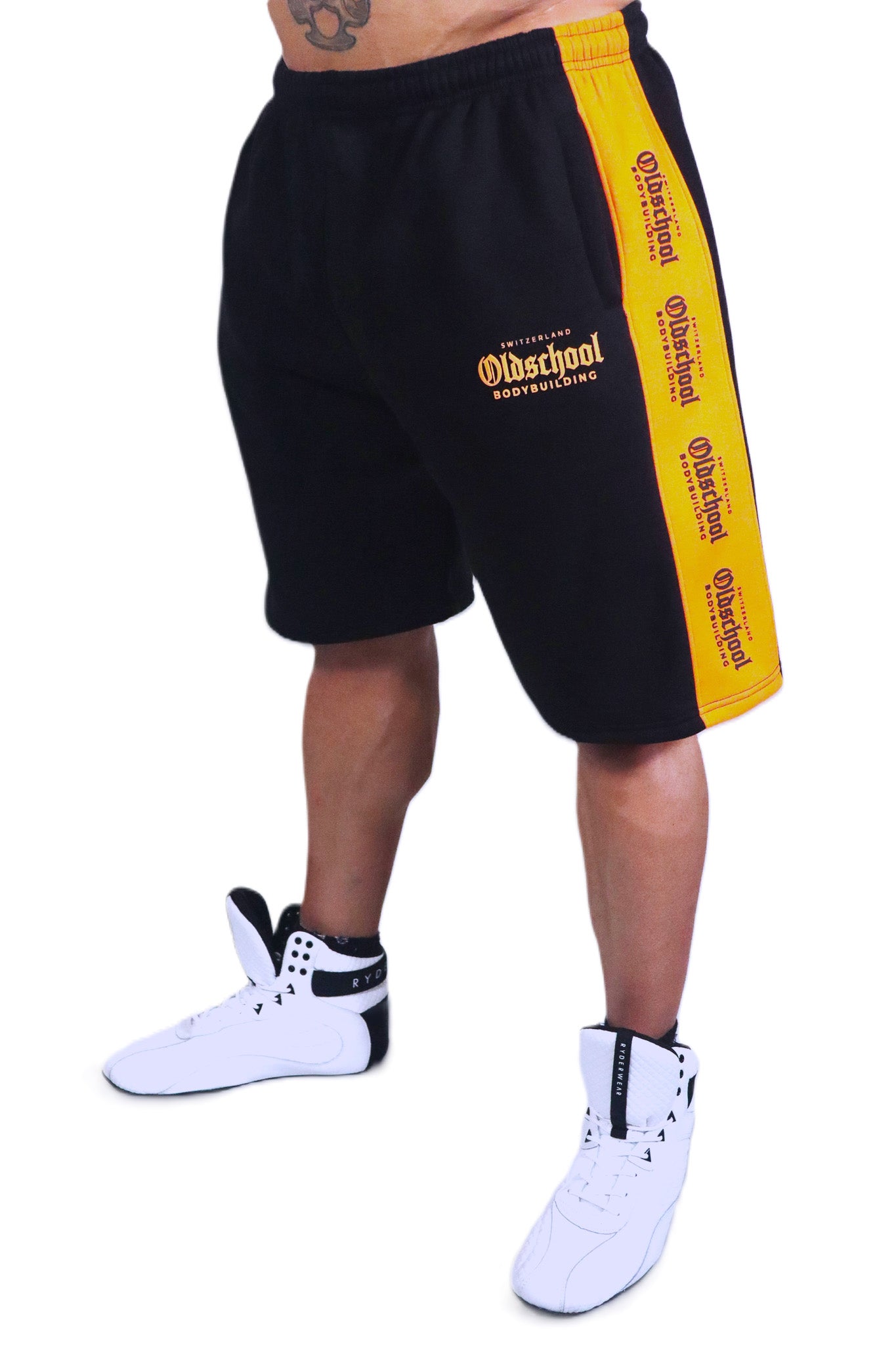 Oldschool Bodybuilding Switzerland Two Tone Shorts - Schwarz/Neon Orange