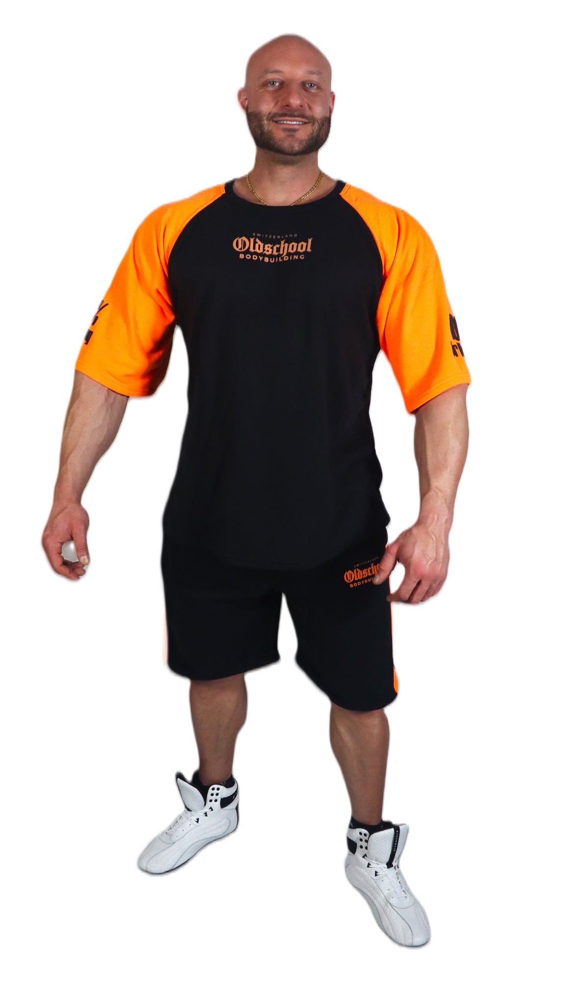 Oldschool Bodybuilding Switzerland Two Tone Shorts - Schwarz/Neon Orange