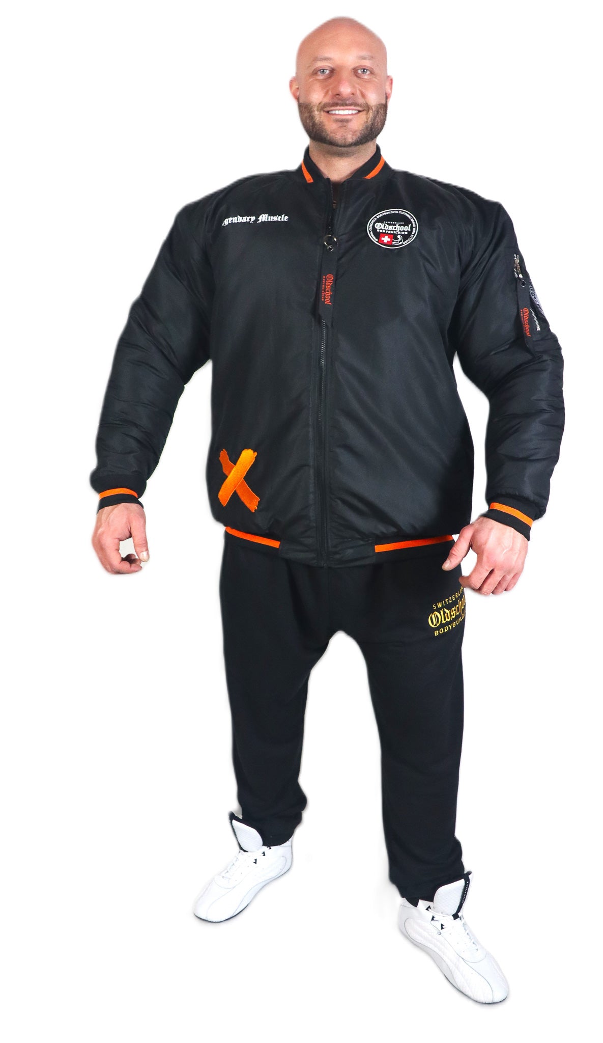 Oldschool Bodybuilding Switzerland Badges Winter Jacket - Schwarz/Orange