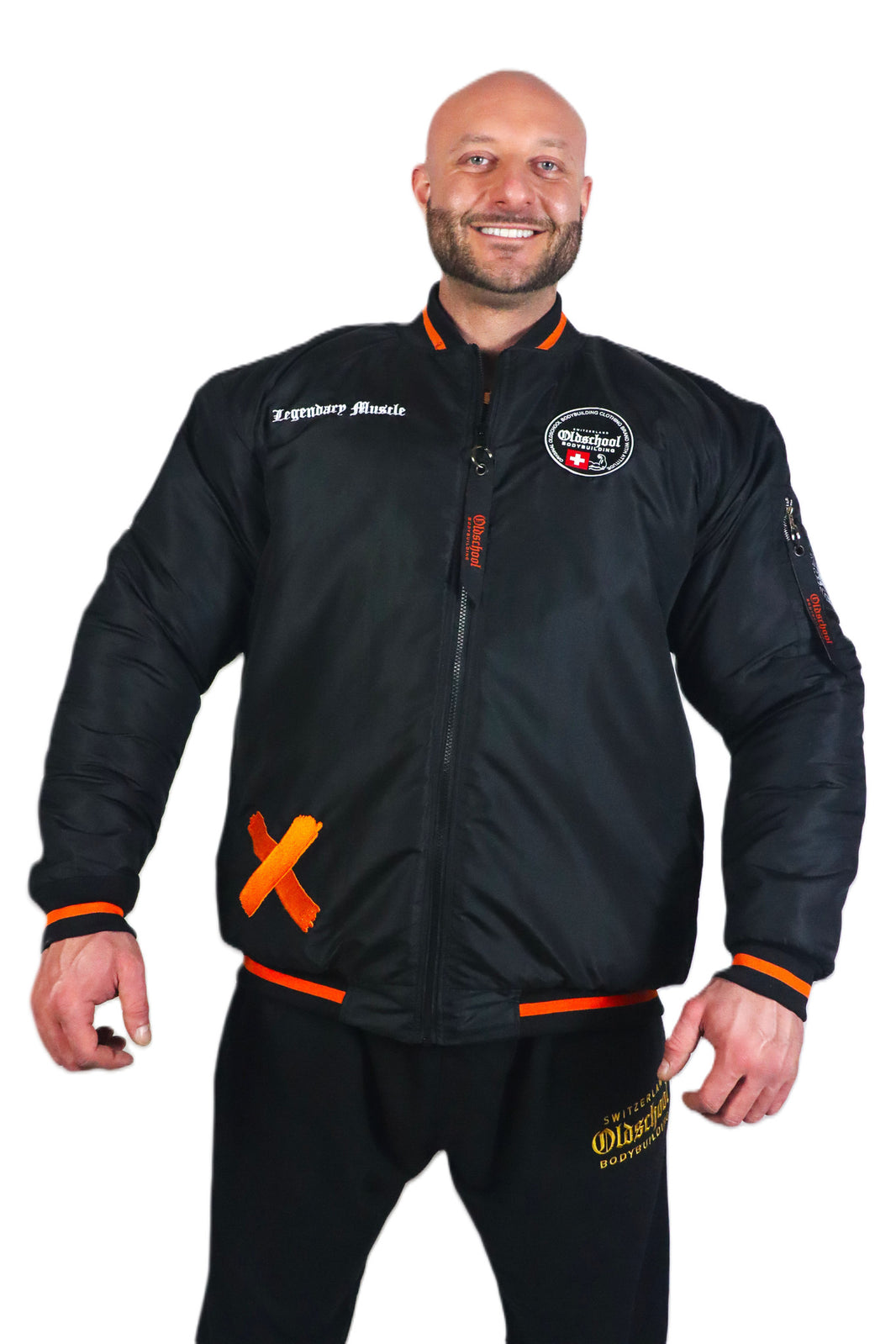 Oldschool Bodybuilding Switzerland Badges Winter Jacket - Schwarz/Orange