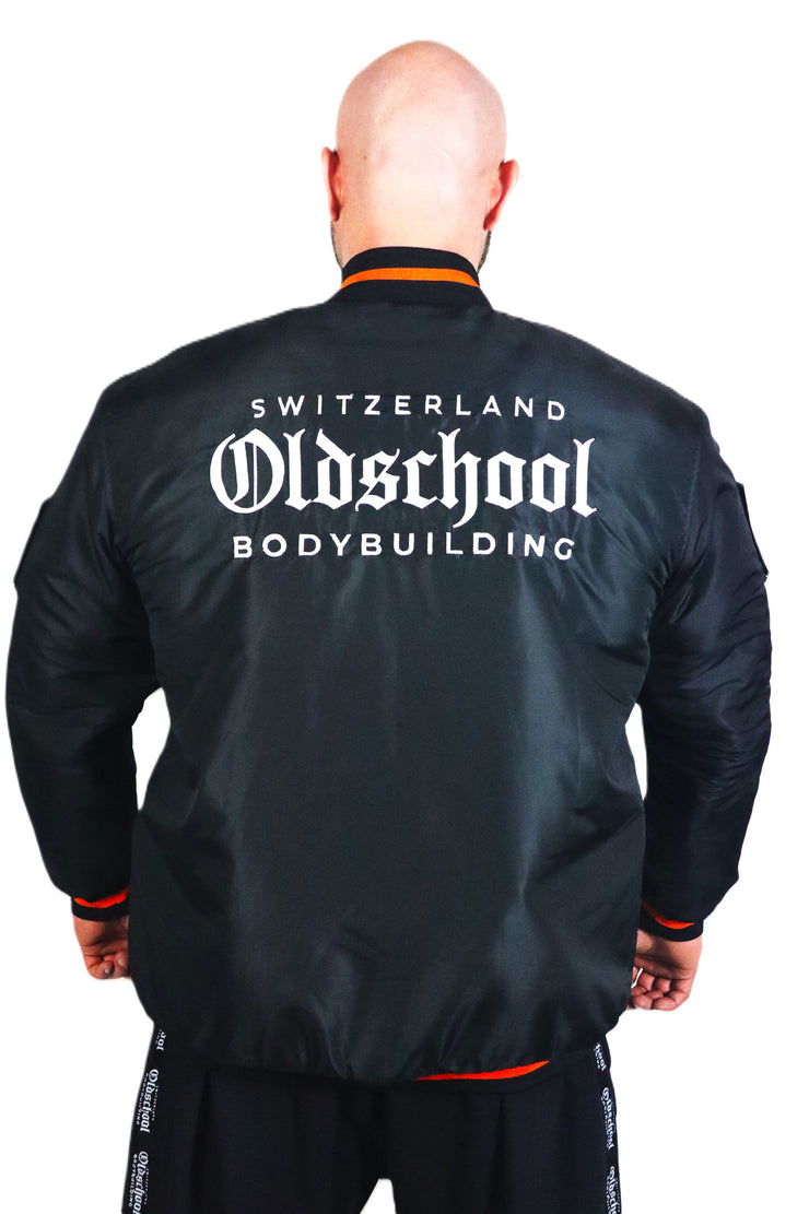 Oldschool Bodybuilding Switzerland Badges Winter Jacket - Schwarz/Orange