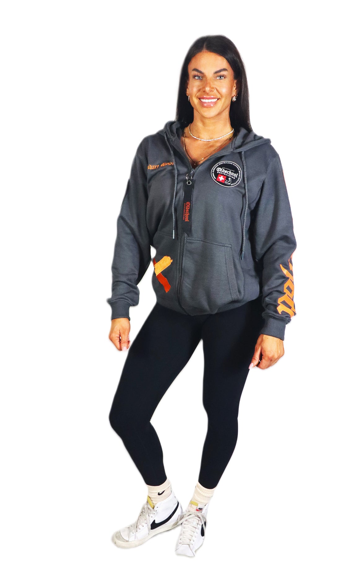 Oldschool Bodybuilding Switzerland Womens Legacy Badges Zipped Hoodie - Grau/Orange