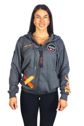 Oldschool Bodybuilding Switzerland Womens Legacy Badges Zipped Hoodie - Grau/Orange