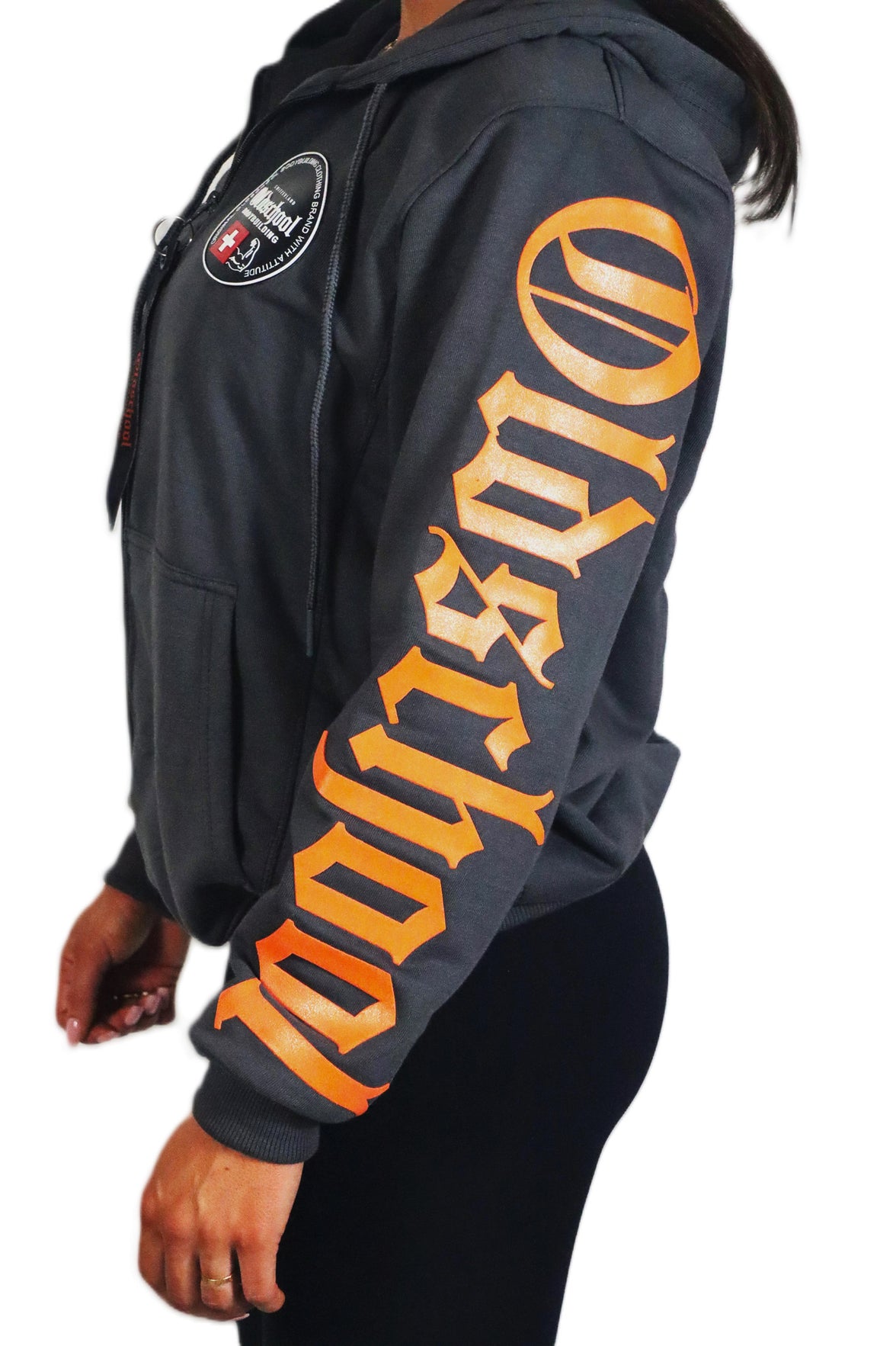 Oldschool Bodybuilding Switzerland Womens Legacy Badges Zipped Hoodie - Grau/Orange