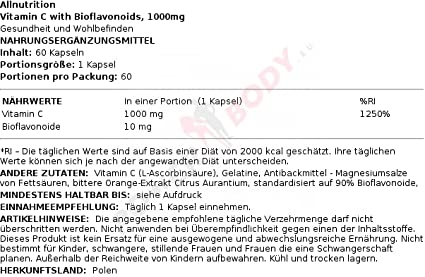 All Nutrition Vitamin C + Bioflawonoidy - 60 Kapseln