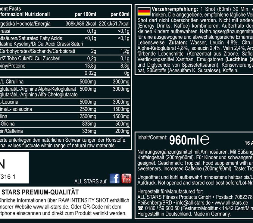 All Stars Raw Intensity Shot Booster - 16x60ml