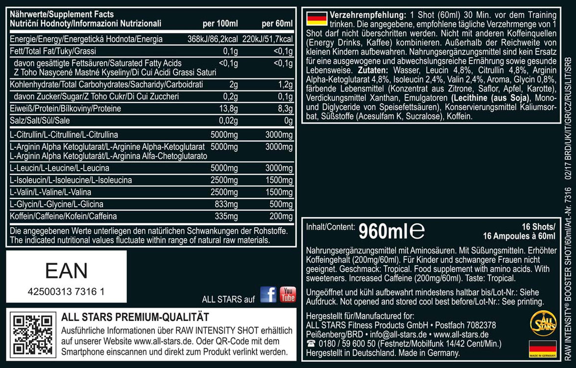 All Stars Raw Intensity Shot Booster - 16x60ml